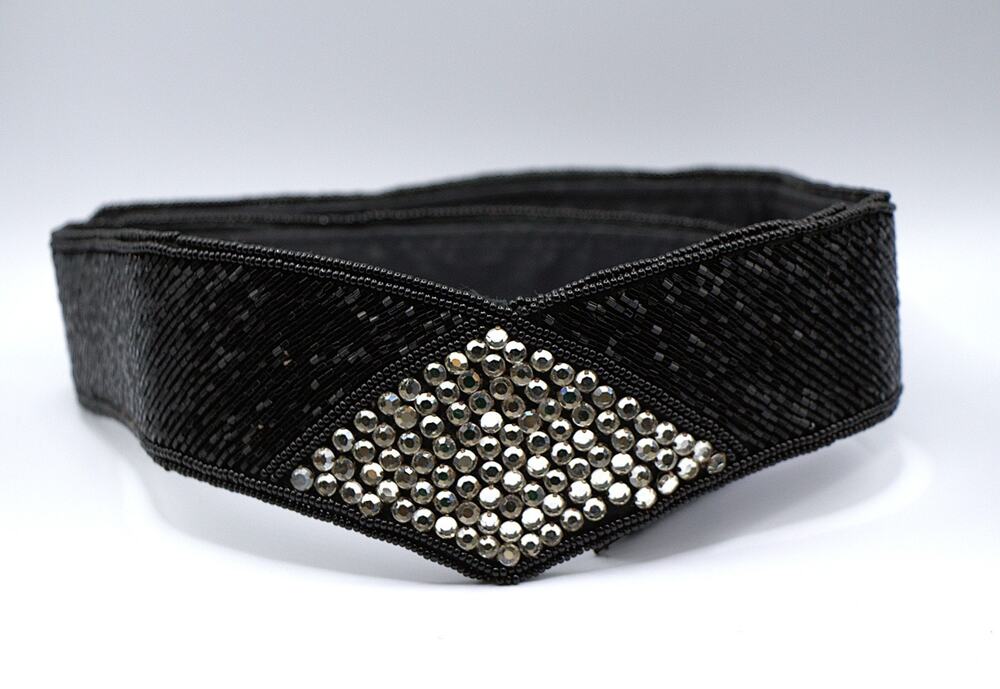 Vintage 1970s–1980s Black Beaded Rhinestone Belt Statement Waist Belt Size 26